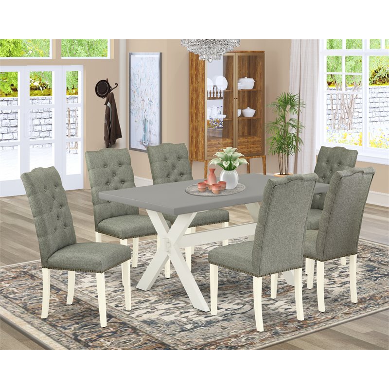 East West Furniture X-Style 7-piece Wood Dining Set in White/Cement/Smoke