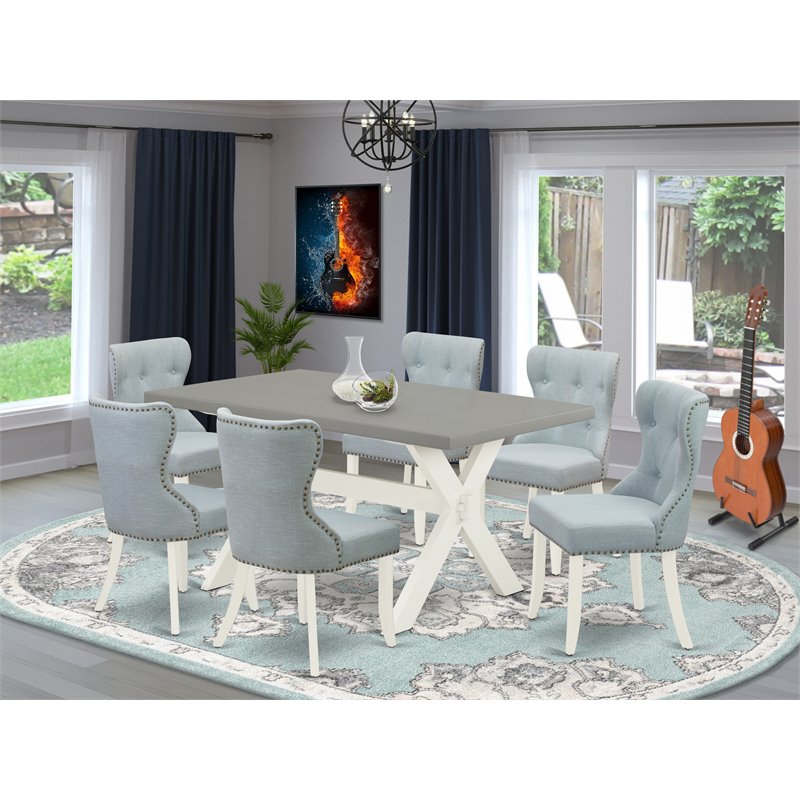 East West Furniture X-Style 7-piece Wood Dining Set in White/Cement/Baby Blue