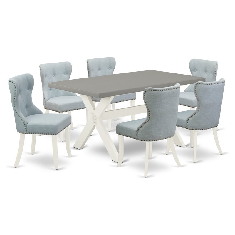 East West Furniture X-Style 7-piece Wood Dining Set in White/Cement/Baby Blue