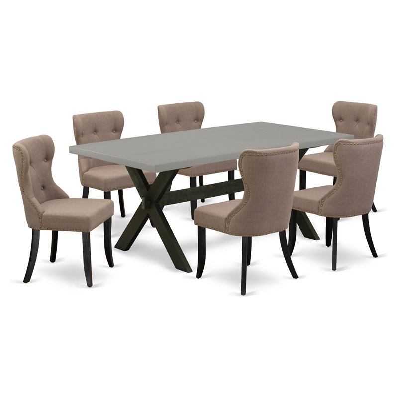 East West Furniture X-Style 7-piece Wood Dining Set with Linen Seat in Black