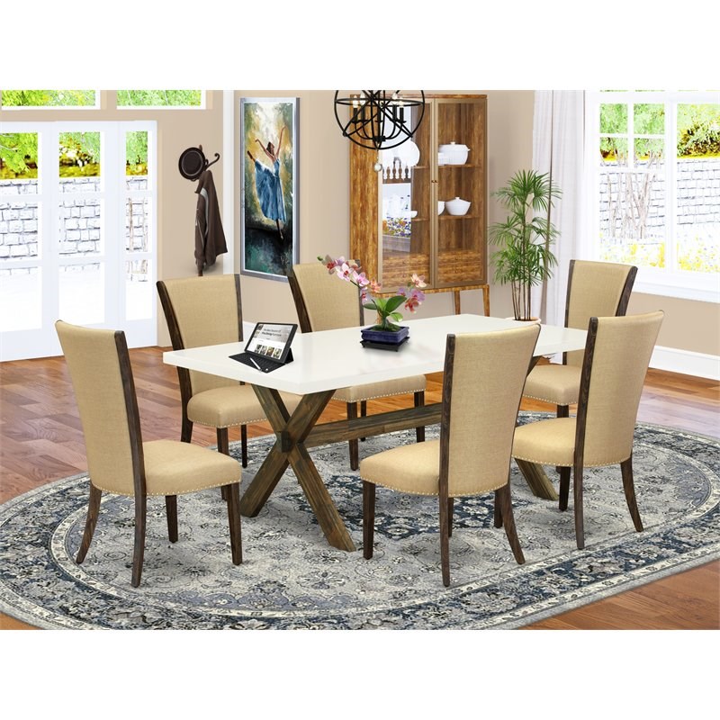 East West Furniture X-Style 7-piece Wood Dining Set in White/Brown/Jacobean