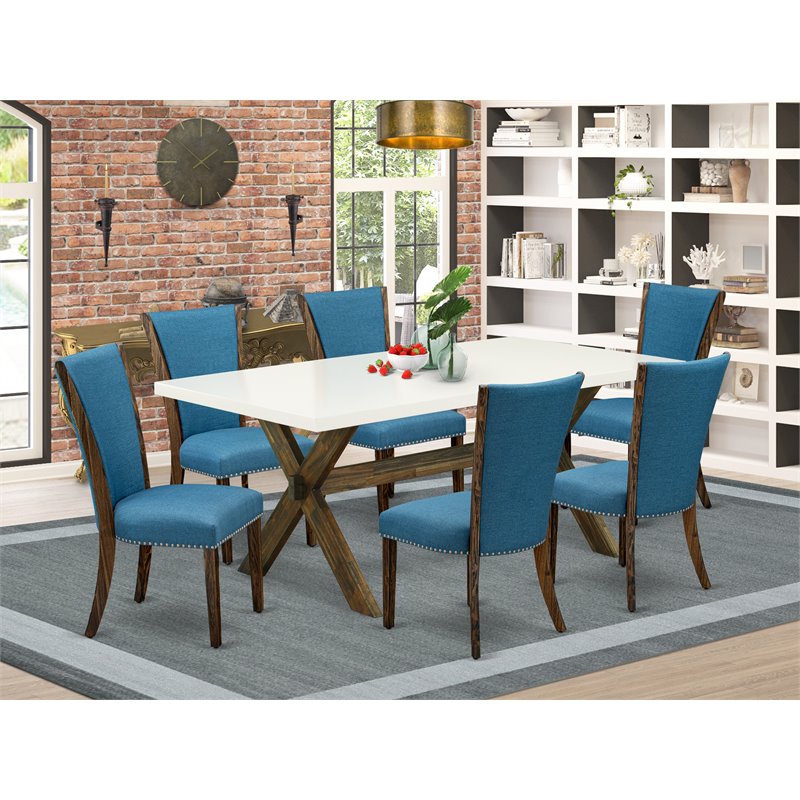 East West Furniture X-Style 7-piece Wood Dining Set in White/Blue/Jacobean