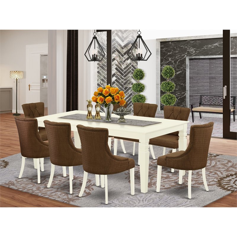 East West Furniture Logan 9-piece Wood Dining Set in Linen White/Dark Coffee