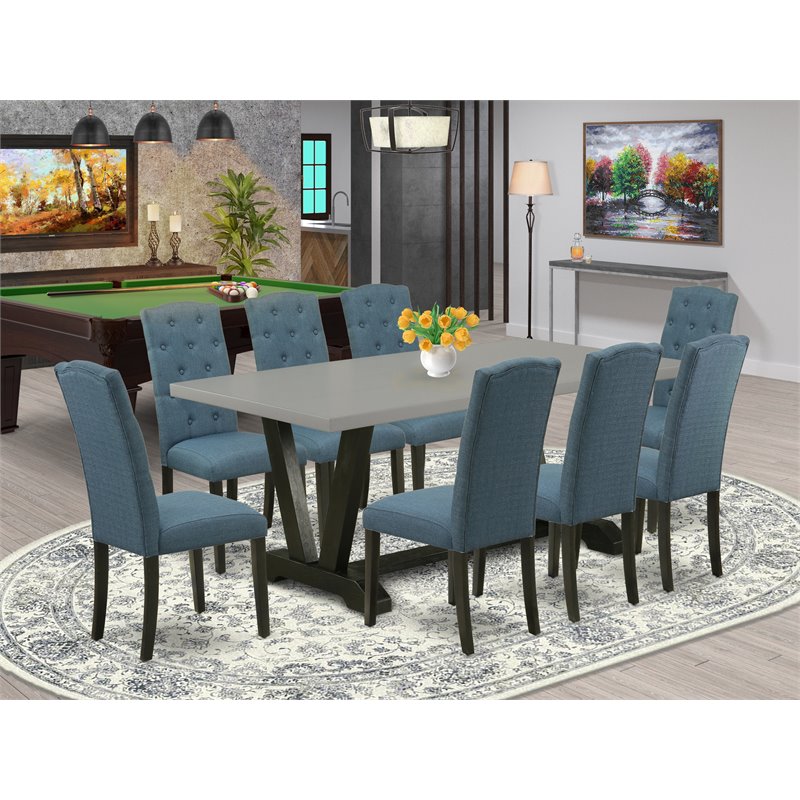 East West Furniture V-Style 9-piece Wood Dining Set in Black/Blue