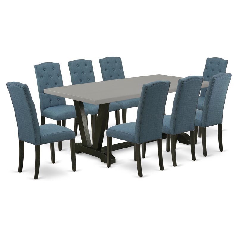 East West Furniture V-Style 9-piece Wood Dining Set in Black/Blue