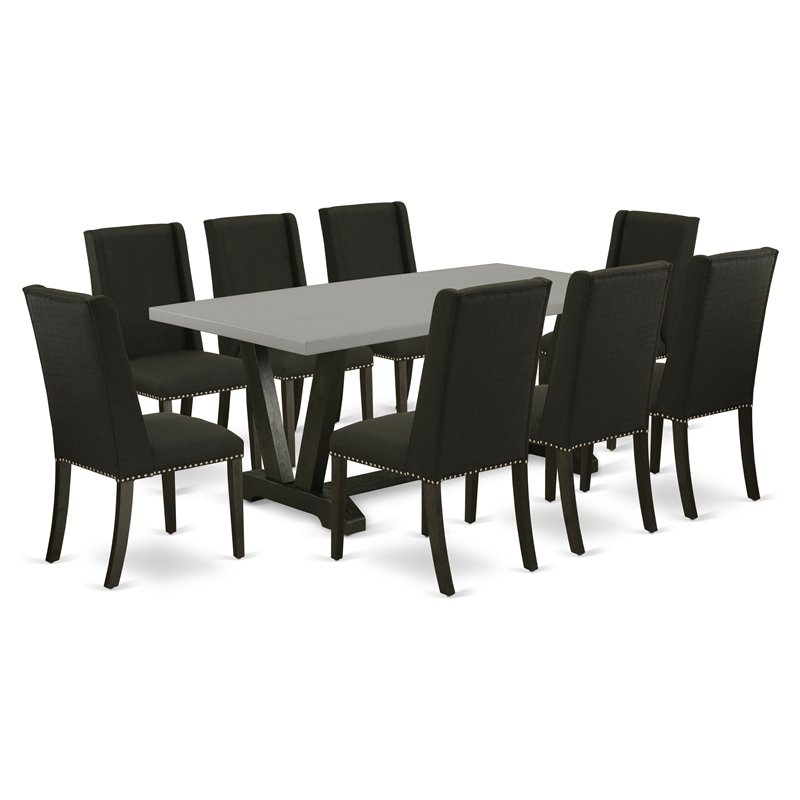 East West Furniture V-Style 9-piece Wood Dining Set with Linen Seat in Black