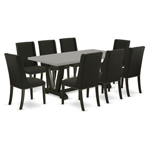 East West Furniture V-Style 9-piece Wood Dining Set with Linen Seat in Black
