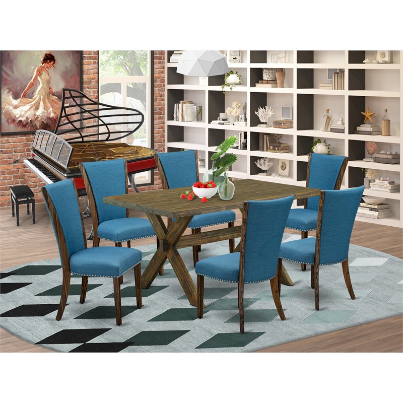 East West Furniture X-Style 7-piece Wood Dining Set in Jacobean Brown/Blue