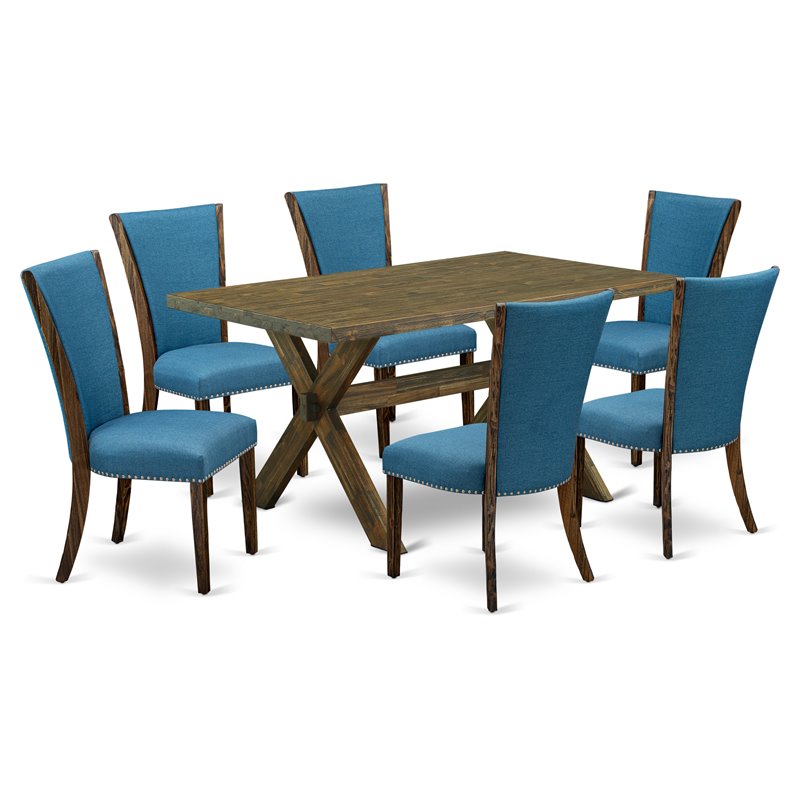East West Furniture X-Style 7-piece Wood Dining Set in Jacobean Brown/Blue