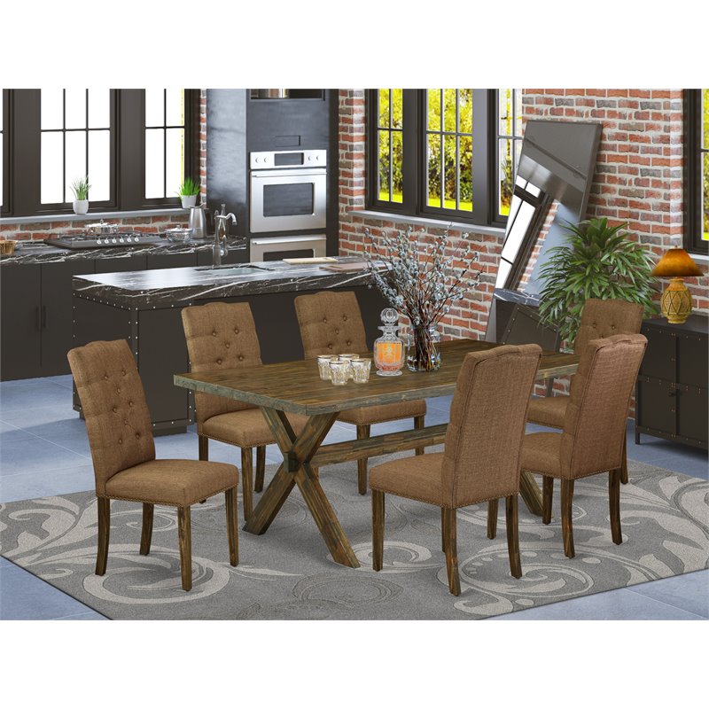 East West Furniture X-Style 7-piece Wood Dining Room Table Set in Brown Smoke