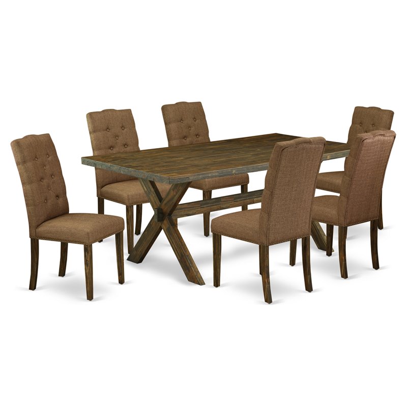 East West Furniture X-Style 7-piece Wood Dining Room Table Set in Brown Smoke