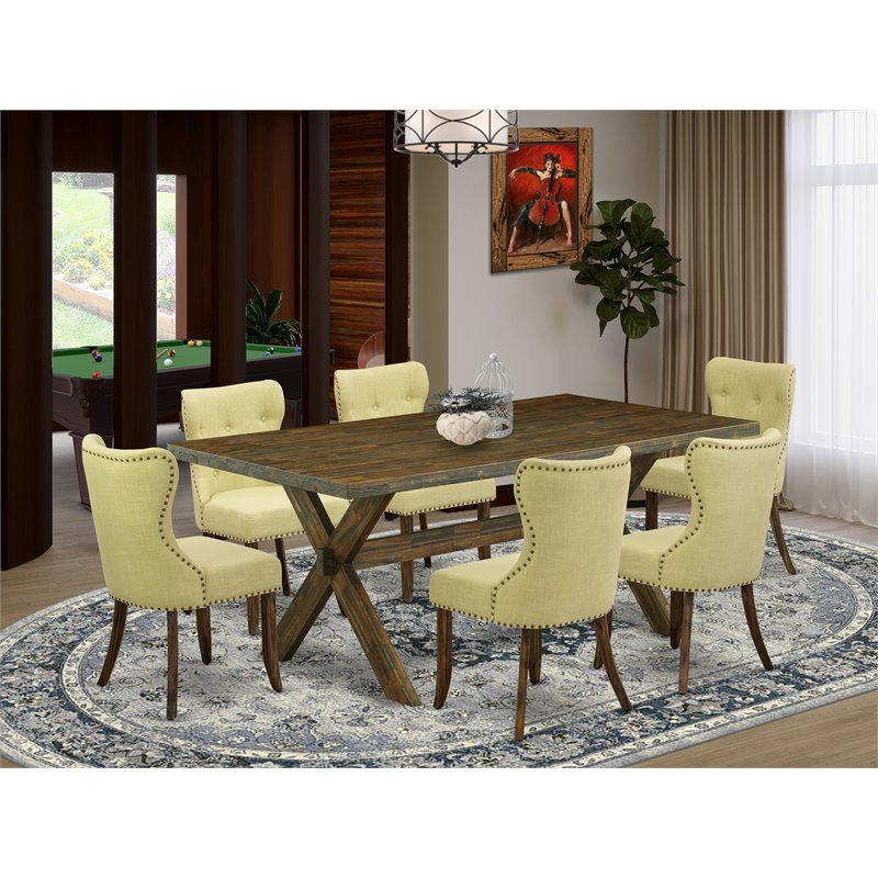 East West Furniture X-Style 7-piece Wood Dining Table Set in Brown/Limelight