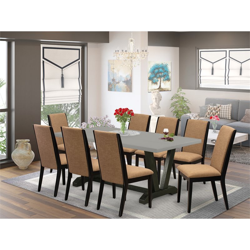 East West Furniture V-Style 9-piece Wood Dining Table Set in Black/Cement