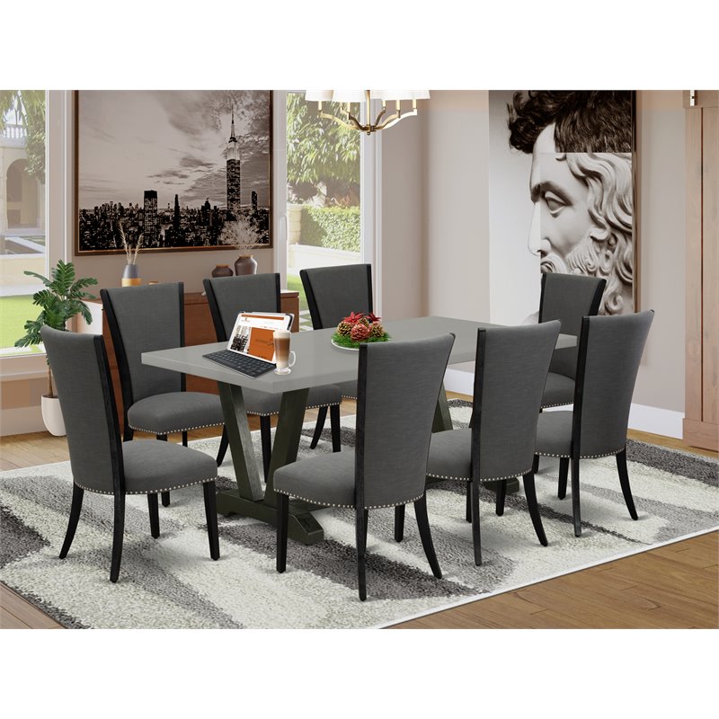 East West Furniture V-Style 9-piece Wood Dining Table Set in Black and Cement