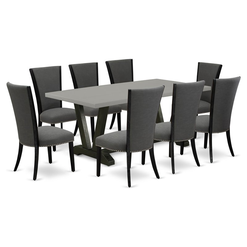 East West Furniture V-Style 9-piece Wood Dining Table Set in Black and Cement