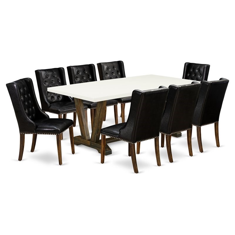 East West Furniture V-Style 9-piece Wood Dining Set in Jacobean/Black/White