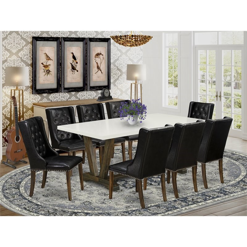 East West Furniture V-Style 9-piece Wood Dining Set in Jacobean/Black/White
