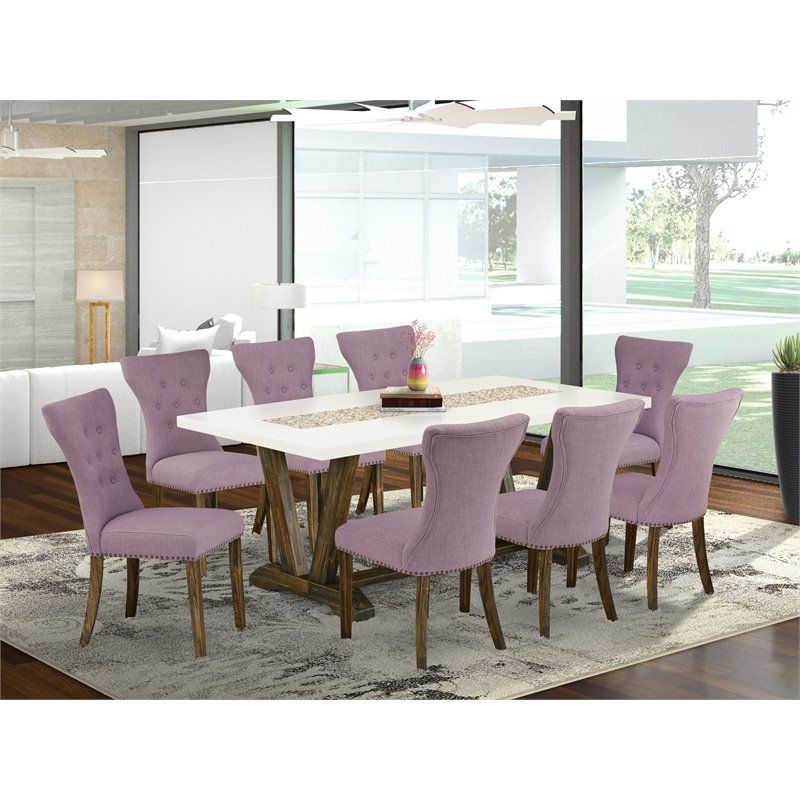 East West Furniture V-Style 9-piece Wood Dining Set in Jacobean Brown/Dahlia