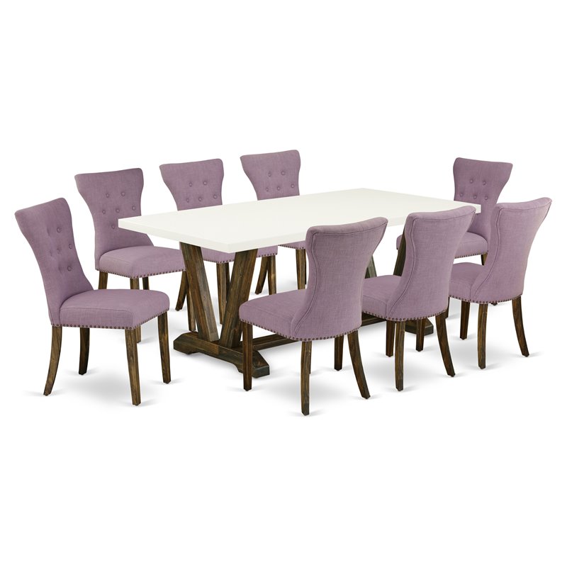 East West Furniture V-Style 9-piece Wood Dining Set in Jacobean Brown/Dahlia