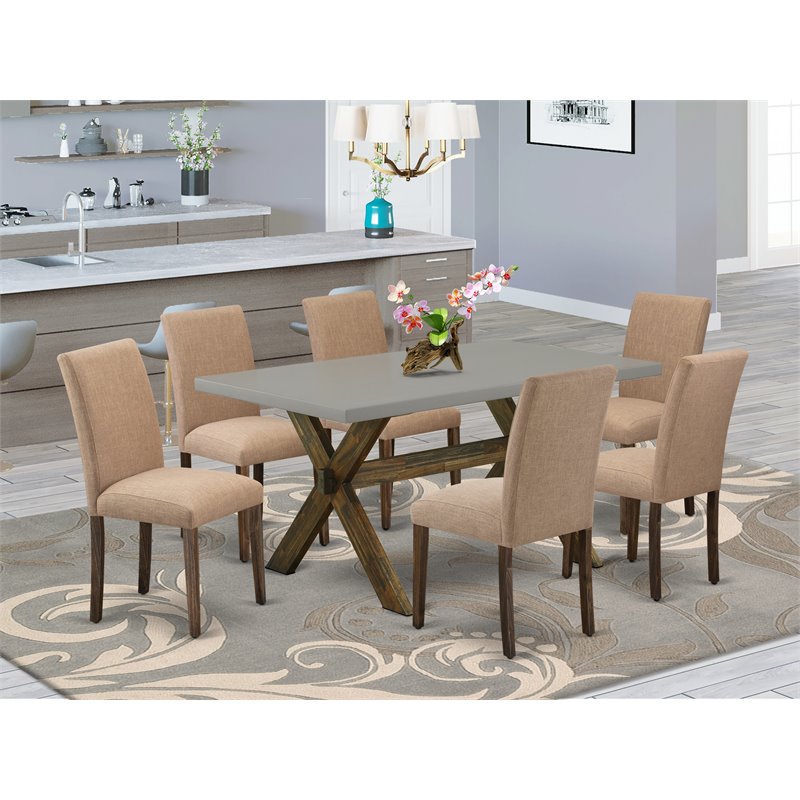 East West Furniture X-Style 7-piece Wood Dining Set in Jacobean Brown and Cement