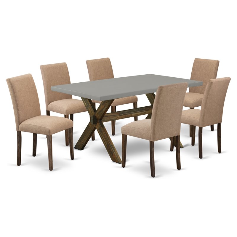 East West Furniture X-Style 7-piece Wood Dining Set in Jacobean Brown and Cement