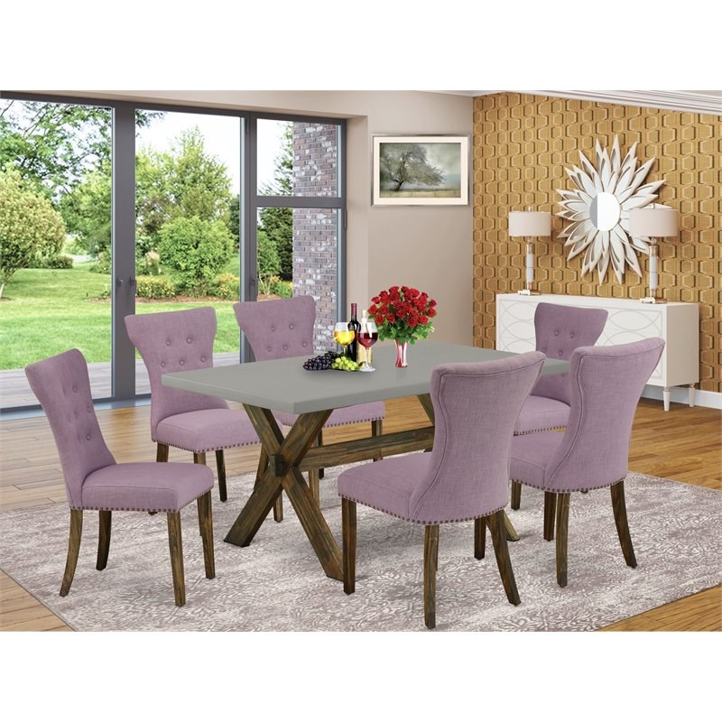 East West Furniture X-Style 7-piece Wood Dining Room Table Set in Dahlia Purple