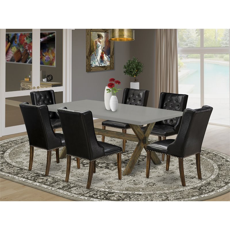 East West Furniture X-Style 7-piece Dining Set with Leather Seat in Brown