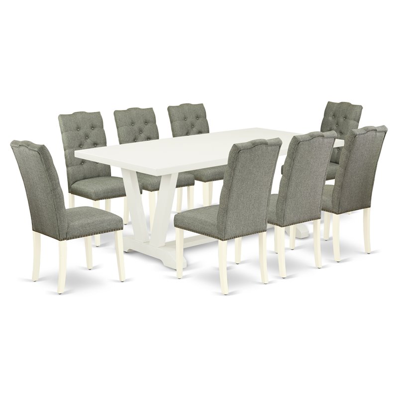 East West Furniture V-Style 9-piece Wood Dining Set in Linen White/Smoke