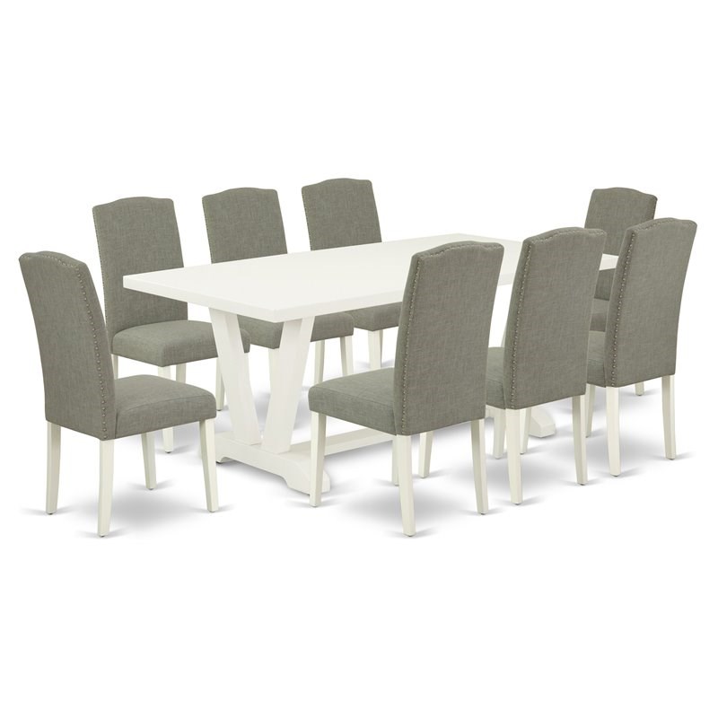 East West Furniture V-Style 9-piece Wood Dining Table Set in Dark Shitake Gray