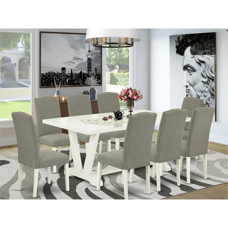 East West Furniture V-Style 9-piece Wood Dining Table Set in Dark Shitake Gray