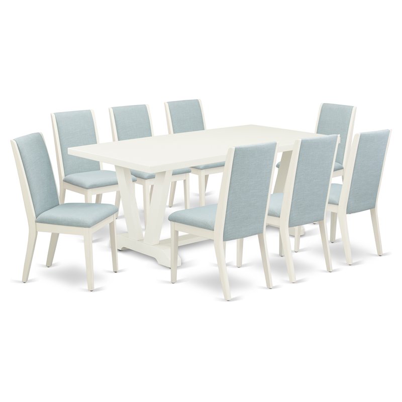 East West Furniture V-Style 9-piece Wood Dining Room Table Set in Linen White