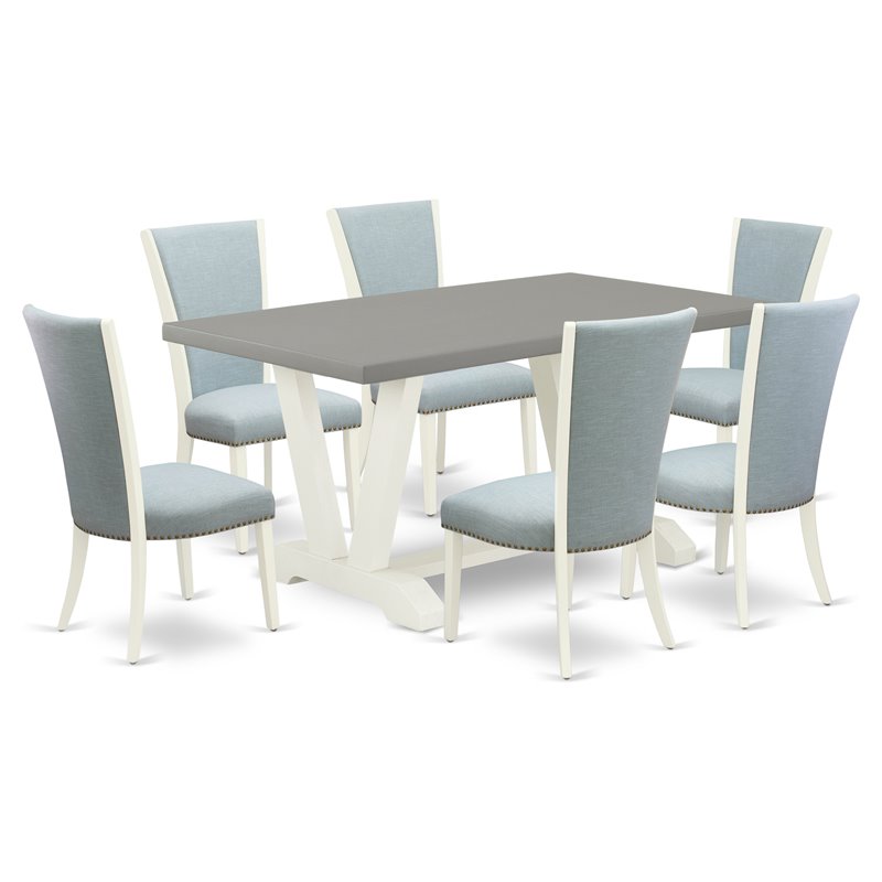 East West Furniture V-Style 7-piece Dining Room Set in Linen White/Baby Blue