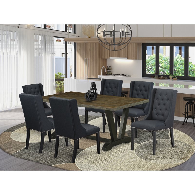 East West Furniture V-Style 7-piece Wood Dining Set in Wire Brush Black