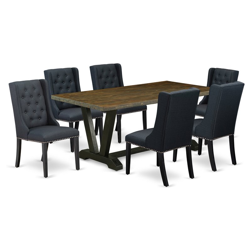 East West Furniture V-Style 7-piece Wood Dining Set in Wire Brush Black