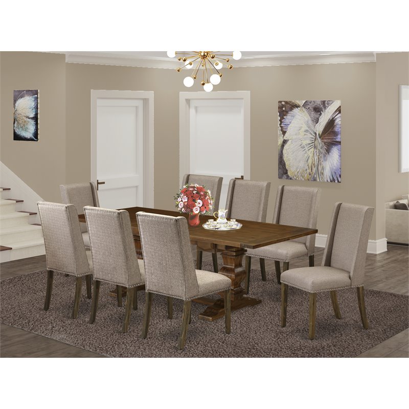 East West Furniture Lassale 9-piece Wood Dining Set in Walnut/Dark Khaki