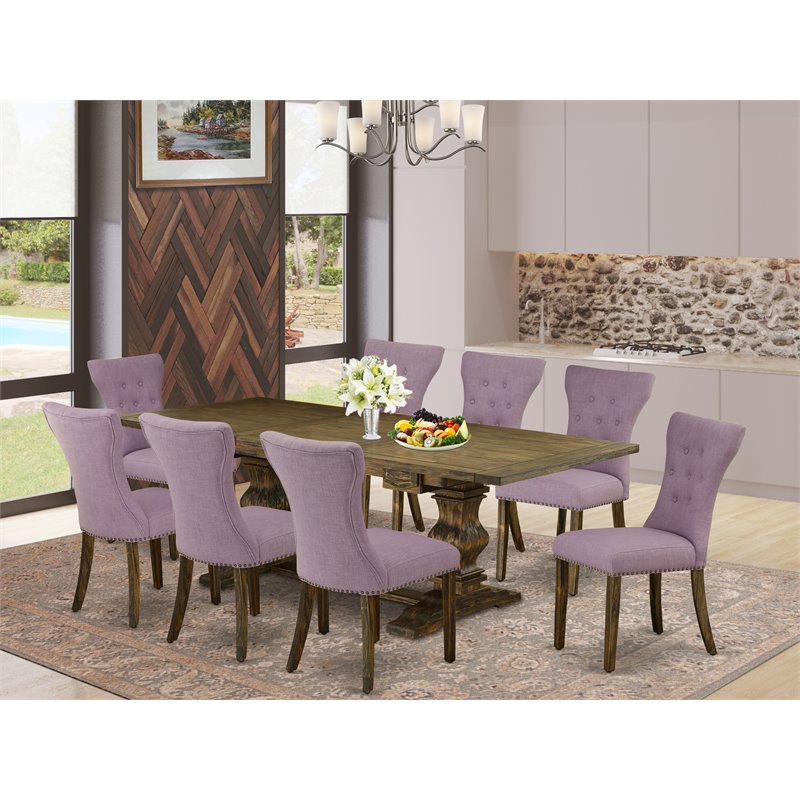 East West Furniture Lassale 9-piece Wood Dining Set in Jacobean Brown/Dahlia