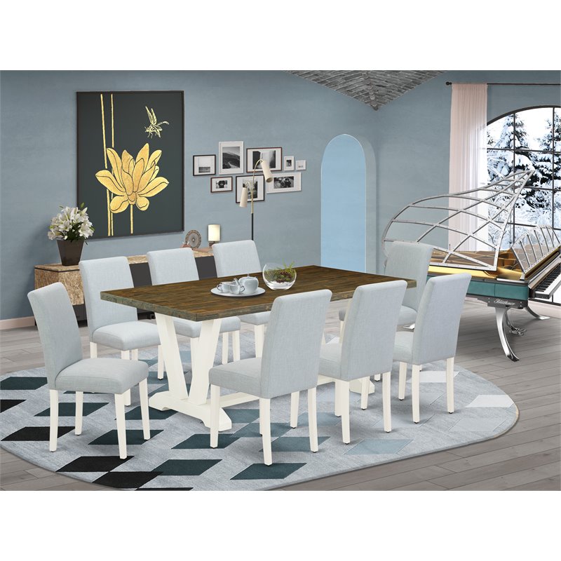 East West Furniture V-Style 9-piece Wood Dining Set in Linen White/Jacobean
