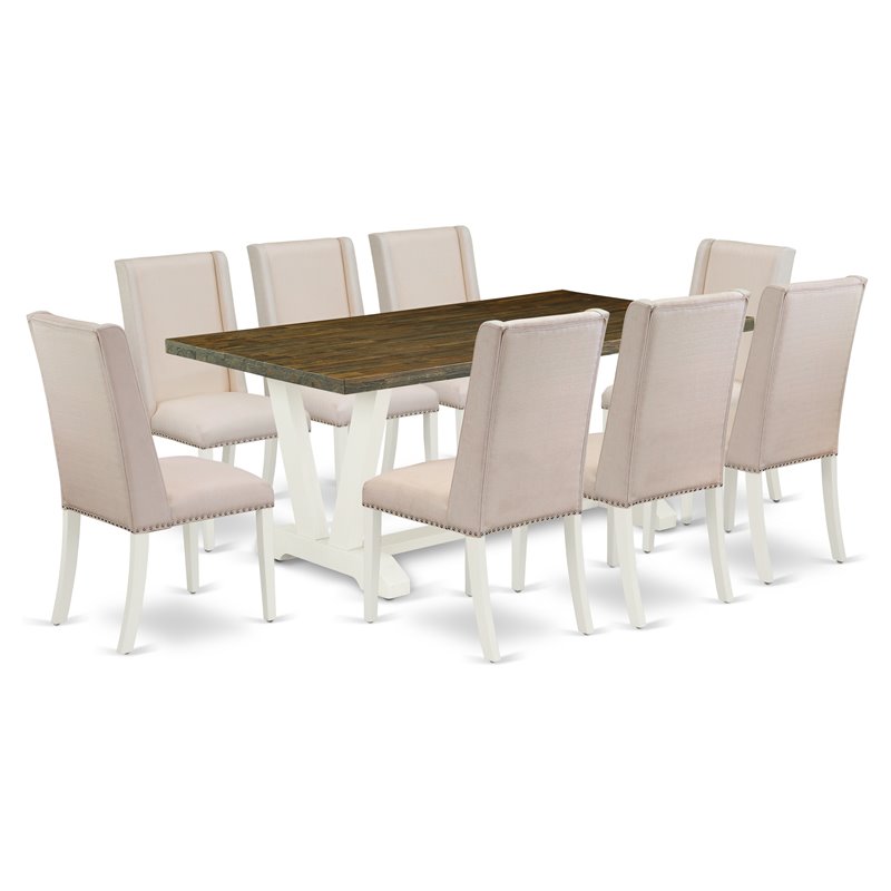 East West Furniture V-Style 9-piece Wood Dining Set in White/Cream
