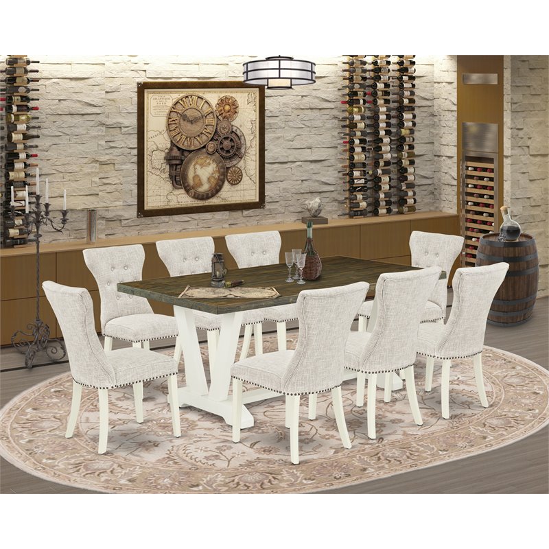 East West Furniture V-Style 9-piece Wood Dining Set in Linen White/Doeskin