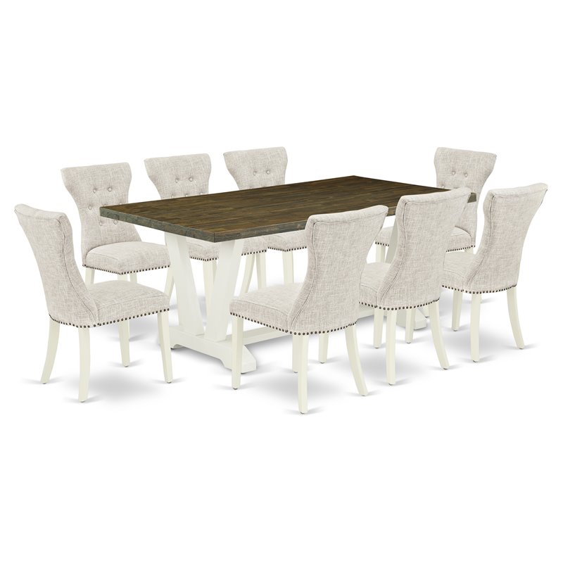 East West Furniture V-Style 9-piece Wood Dining Set in Linen White/Doeskin