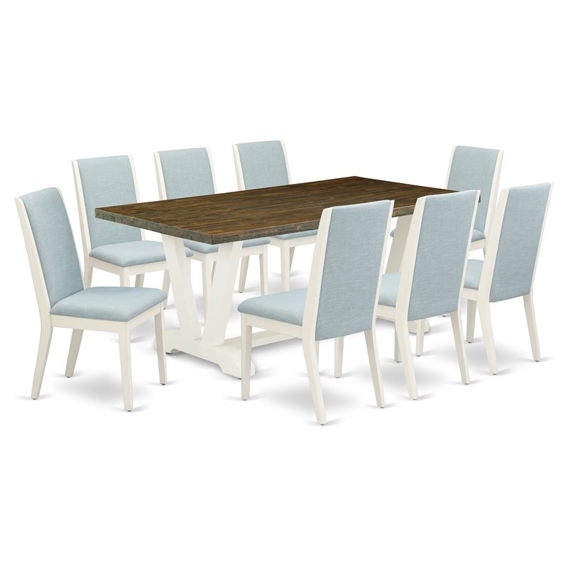 East West Furniture V-Style 9-piece Wood Dining Set in Baby Blue/Jacobean Brown
