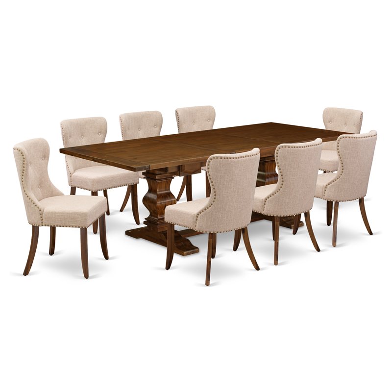 East West Furniture Lassale 9-piece Wood Dining Set in Walnut/Tan