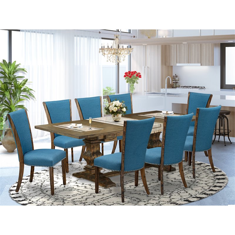 East West Furniture Lassale 9-piece Wood Dining Set in Jacobean Brown/Blue