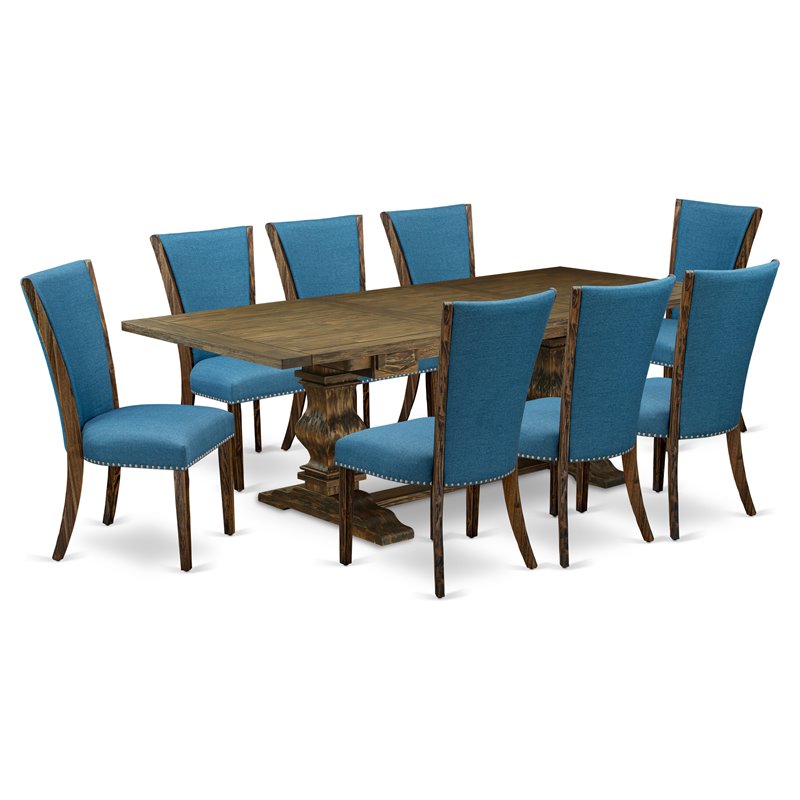 East West Furniture Lassale 9-piece Wood Dining Set in Jacobean Brown/Blue