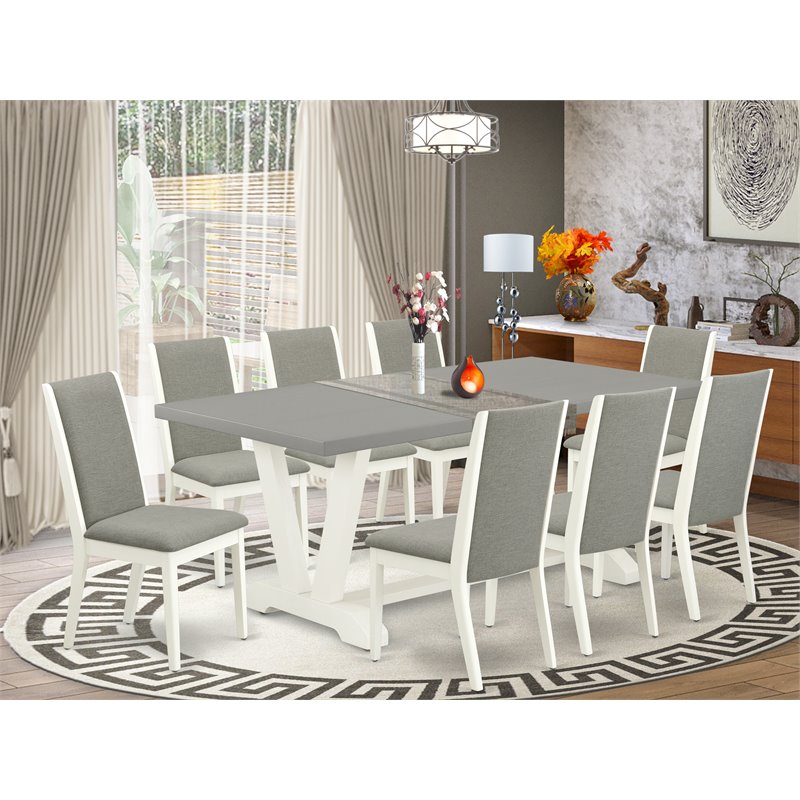 East West Furniture V-Style 9-piece Wood Dining Set in White/Shitake/Cement