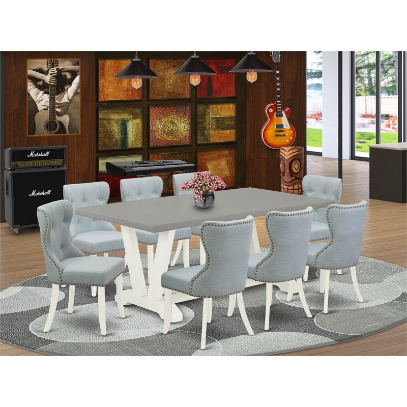 East West Furniture V-Style 9-piece Wood Dining Room Table Set in White/Blue