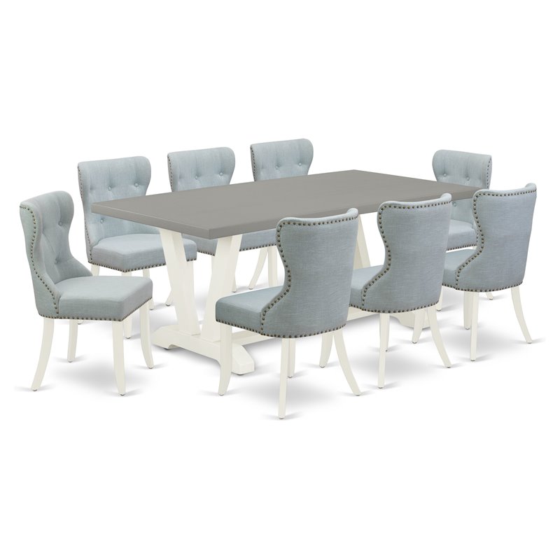 East West Furniture V-Style 9-piece Wood Dining Room Table Set in White/Blue