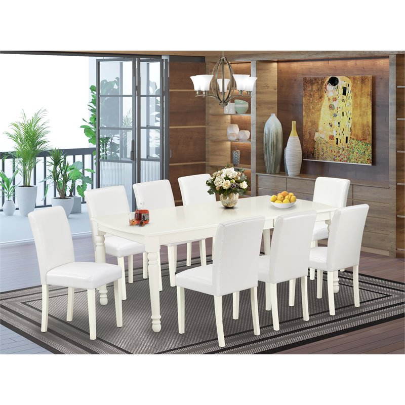 East West Furniture Dover 9-piece Wood Dining Set with Leather Seat in White
