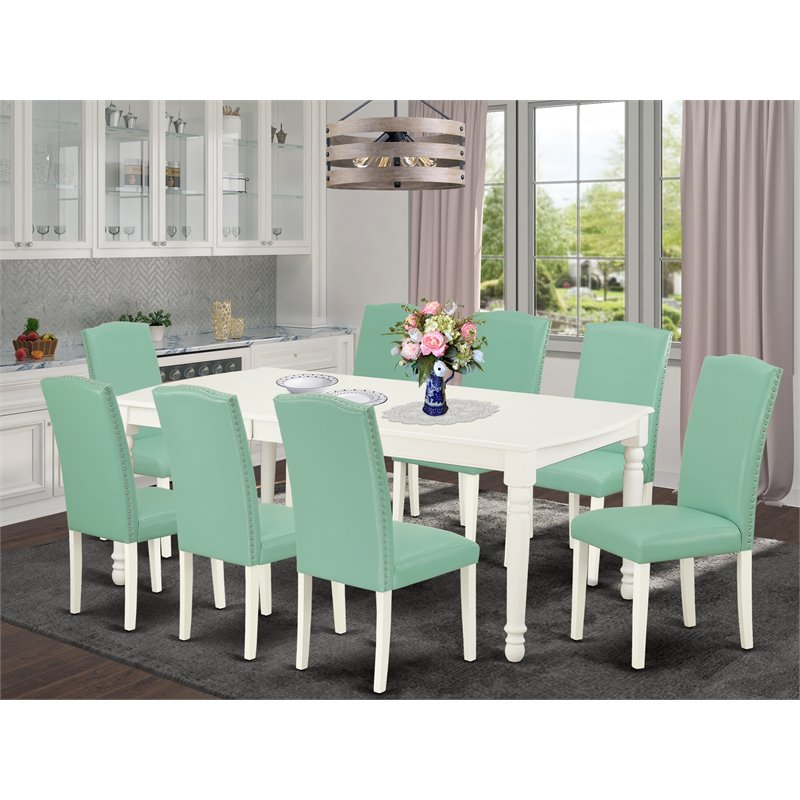 East West Furniture Dover 9-piece Wood Dining Set in Linen White/Pond