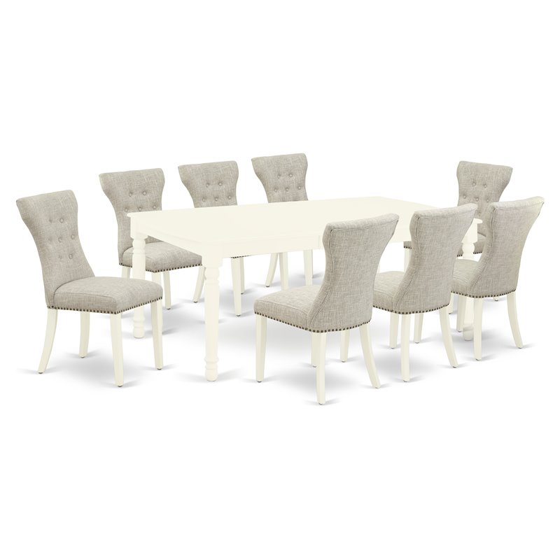 East West Furniture Dover 9-piece Wood Dining Table and Chair Set in Linen White